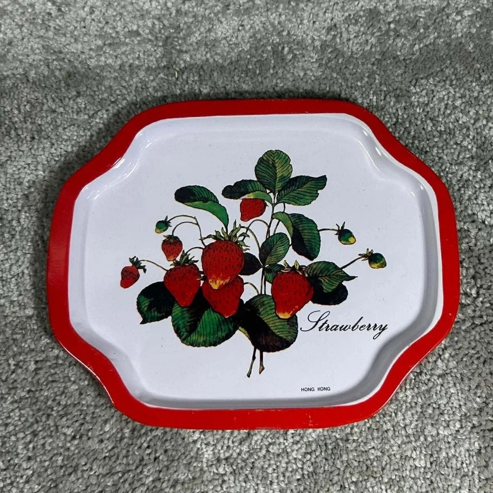 Vintage‎ Strawberry Metal Tin Tray Collectible Strawberries Hong Kong 8x6